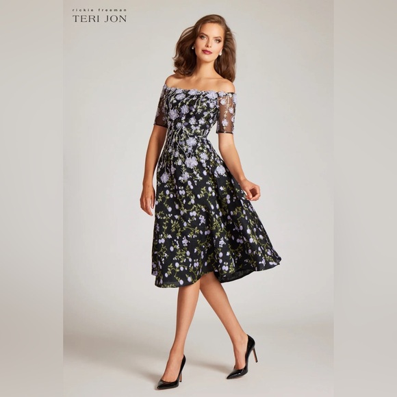 Rickie Freeman For Teri Jon New 3D Floral Embroidered Off The Shoulder Gown  18